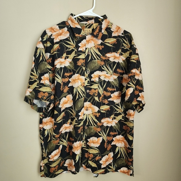 Jos. A Bank Size L Floral Black and Orange Men's Shirt 100% Silk Hawaiian - Picture 1 of 5